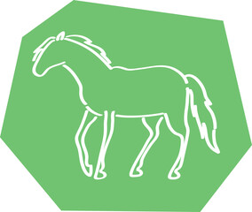 Full size outline of a calm standing horse, side view, white curved lines contours on a polygonal green background