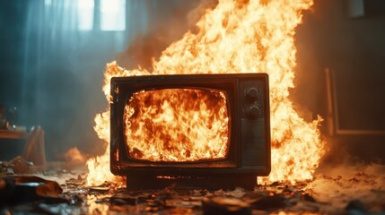 An old television set engulfed in flames creates a stark juxtaposition of nostalgia and destruction, symbolizing the loss of memories and the impact of technology on life.