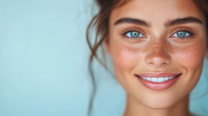 Naklejka premium A cheerful young woman, her freckled skin illuminated by soft light, beams a bright smile, showcasing joy, warmth, and the natural beauty of individuality and self-confidence.