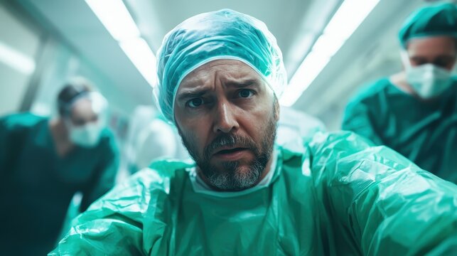 A focused male surgeon, donned in medical scrubs and a cap, is captured in a tense moment, highlighting the pressure and responsibility of healthcare professionals during surgery.
