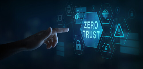 Naklejka na ściany i meble Zero trust cybersecurity concept. Virtual screen with icons zero trust security, cloud protection, data protection, fingerprint authorization.