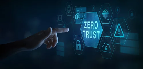 Fototapete Rund Zero trust cybersecurity concept. Virtual screen with icons zero trust security, cloud protection, data protection, fingerprint authorization. © Song_about_summer