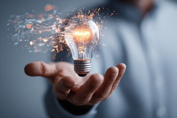 A glowing light bulb hovers above a businessman’s hand, symbolizing a moment of insight and innovation.