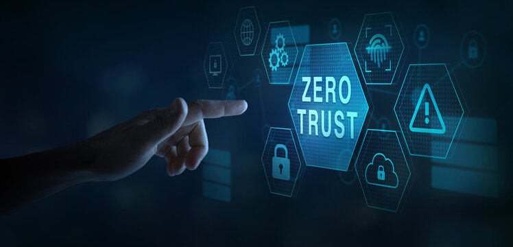 Zero trust cybersecurity concept. Virtual screen with icons zero trust security, cloud protection, data protection, fingerprint authorization. - Powered by Adobe