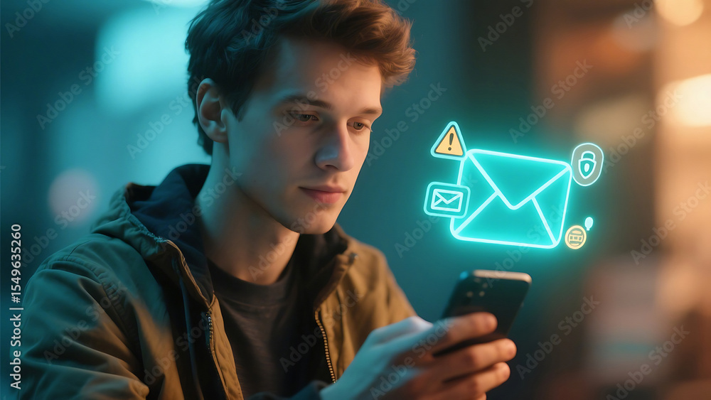 Aufkleber man checks email on his phone with security alerts and notifications