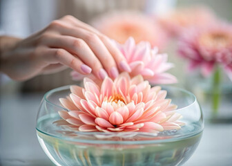Soft hand gently places pink dahlia flower in clear glass bowl filled with water, creating calm and peaceful atmosphere with delicate floral beauty