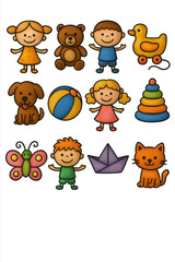 sets of 3d icons of Whimsical children doodle icons bundle, colorful hand-drawn kids with toys and animals on a transparent background.