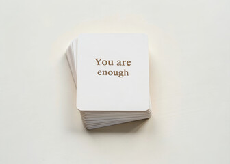 Stack of white affirmation cards with gold text You are enough on top, minimal style, positive message, self care, motivation, encouragement, and emotional support concept