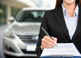 Businesswoman signing car insurance policy document in front of silver sedan, showing professionalism and responsibility in vehicle ownership and legal paperwork