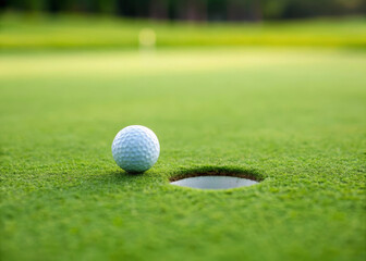 Golf ball on green grass near hole, closeup view with soft sunlight and blurred background, capturing moment of anticipation and focus in outdoor sports