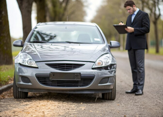 Damaged car on roadside with insurance agent inspecting writing report on clipboard outdoor scene autumn professional accident assessment stress vehicle claim process