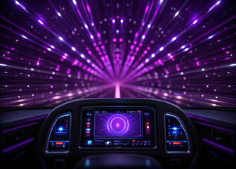 Futuristic car dashboard with digital vortex HUD interface, glowing purple neon lights, and immersive sci fi tunnel effect, creating high tech, dynamic, and energetic atmosphere