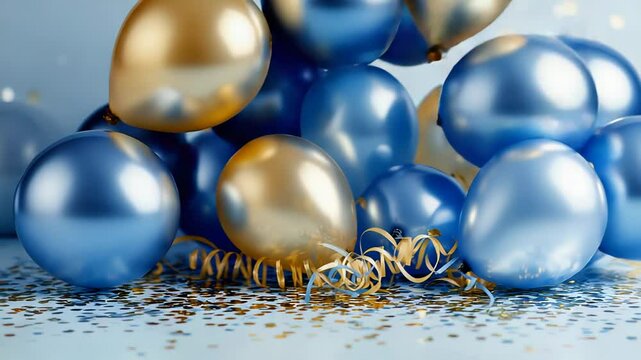 Blue and Gold Balloons on Confetti-Covered Surface with Gold Ribbons