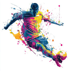 Fototapeta premium A soccer player sprints with the ball in this lively watercolor painting, set against a clean white background with colorful bursts.