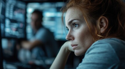 A pensive woman engrossed in her work amid screens filled with data, reflecting the challenges and concentration required in the tech and business world.