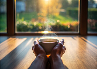 Hands holding cup of tea near window with warm sunlight streaming in, creating peaceful and cozy morning atmosphere, relaxation and comfort are felt