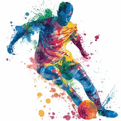 Fototapeta premium A soccer player sprints with the ball in this lively watercolor painting, set against a clean white background with colorful bursts.