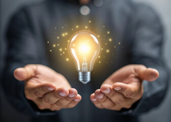 Human hands holding floating glowing light bulb hologram, symbolizing innovation, creativity, and new ideas with futuristic and inspiring atmosphere