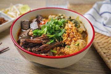 Rice Vermicelli with Northern Thai Curry Sauce, Thai called Khanom Jeen Nam Ngiao, Northern thai cusine