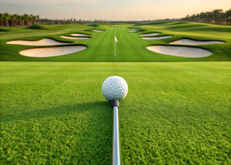 Golf course with ball and club on green grass sand bunkers flag in distance sunny day outdoor sport relaxing atmosphere isometric view landscape