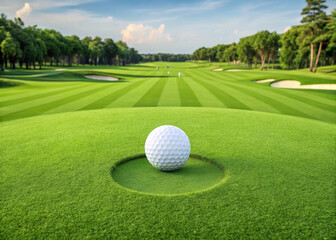 Golf ball green grass golf course fairway sand bunker outdoor summer landscape sport recreation�A close up of golf ball manicured green with fairway sand bunkers and trees blue sky evoking calm