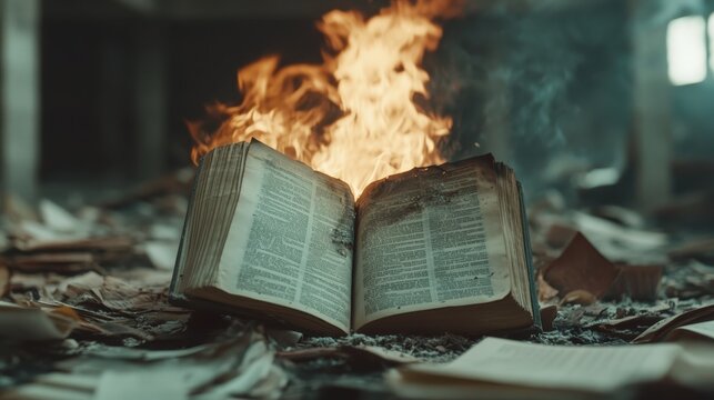 An evocative image of an open book burning surrounded by ashes and flames, symbolizing loss, destruction, and the controversial nature of knowledge and expression.