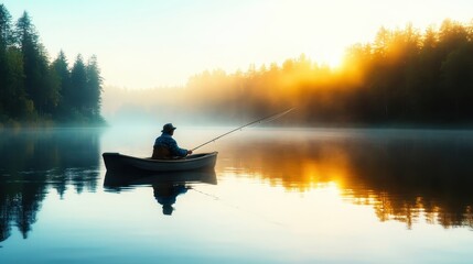 A lone fisherman in a canoe enjoying the serene beauty of dawn reflects on the water as the sun rises, capturing a moment of peace and connection with nature.