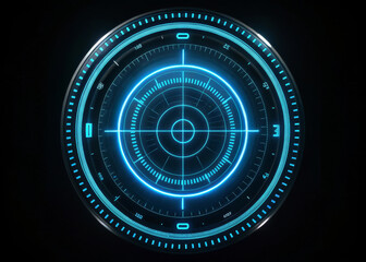 Futuristic neon blue circular HUD interface with glowing digital elements, high tech sci fi design, and modern technology concept on black background