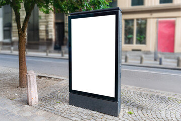 Empty citylight poster on pedestrian street, perfect for commercial campaigns, street marketing or clean outdoor mockup display designs