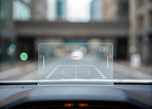 Minimal white HUD over transparent glass screen, futuristic digital dashboard display, modern car interior, city street background, technology interface, navigation system