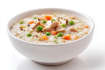 Vegetable and chicken porridge on a white backdrop