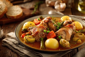 Vegetable rabbit stew served on a dish