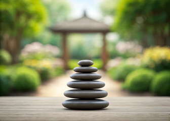 Zen stone stack with soft focus nature background, tranquil garden scene, smooth pebbles balanced on wooden surface, peaceful outdoor setting, calm and harmony