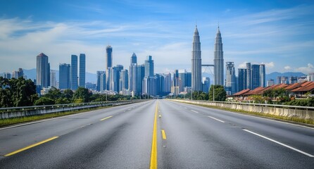 Obraz premium Empty highway leading to a modern city skyline