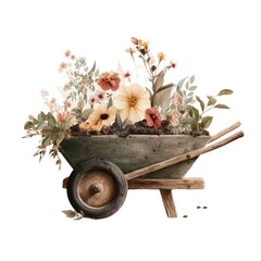 A rustic garden wheelbarrow logo with flowers earthy tones handcrafted feel gardening charm isolated on white background