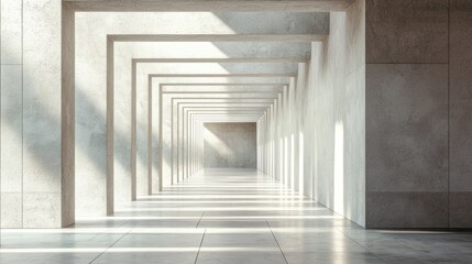 Obraz premium A concrete corridor with light filtering through the ceiling, creating a shadowed effect.