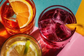 Vibrant drinks in close up from above Negroni Aperol Spritz Martini Royale
