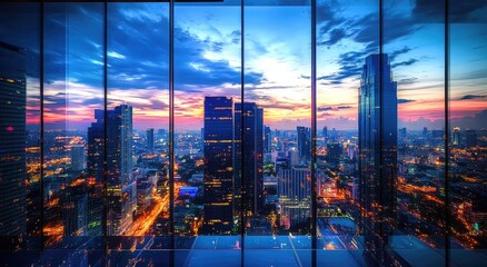 Cityscape view through glass walls at sunset