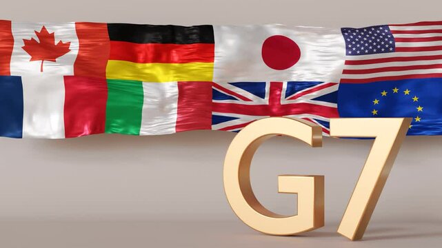 Flags of G7 countries including Canada, Germany, Japan, the UK, the US, and EU are displayed together, symbolizing global cooperation and leadership in economic and political matters. 3D animation.