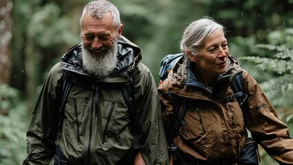 Golden Years Trek: A senior couple hikes a forest trail, their faces etched with the serenity of a life journey, and the shared joy of embracing nature's wonders together.   - Powered by Adobe
