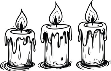 Three Melted Candles Silhouette: Hand-Drawn, Editable Vector Illustration; Gothic, Mystical, and Atmospheric Style; Perfect for Halloween, Occult, or Spiritual Designs.