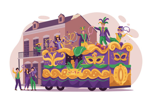 Vibrant Mardi Gras parade float on a festive Bourbon Street in New Orleans.