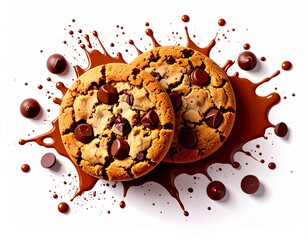Cookie with Nuts and Swirling Chocolate Drops on White Background, Floating in Mid-Air