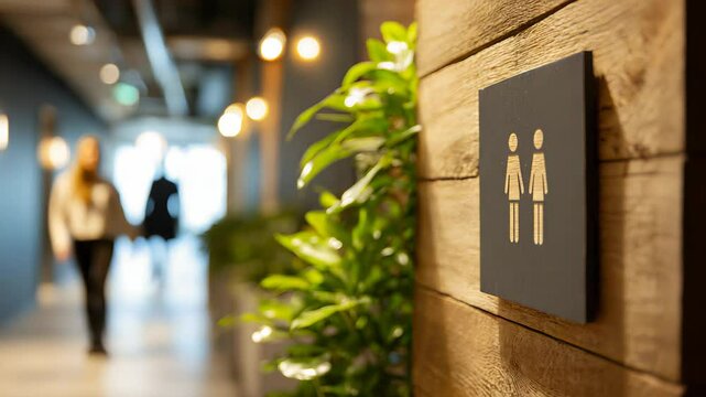 Corridor with People Walking Past restroom Sign and Indoor Plants in Modern Building