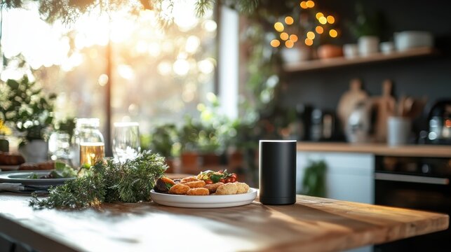 A beautifully arranged kitchen showcasing a plate of delicious food surrounded by greenery, perfect for a warm home atmosphere and culinary delights.