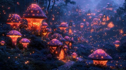 Enchanted mushroom village at night.