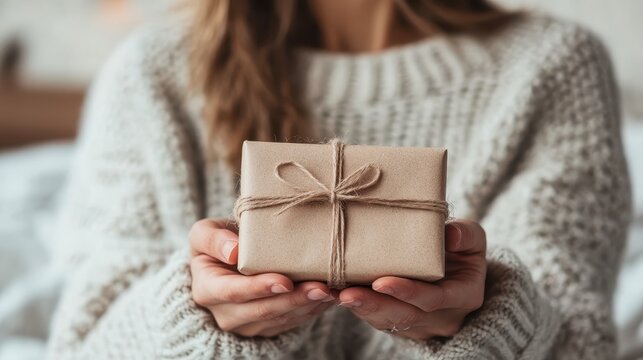 A beautifully wrapped gift held by a person in a cozy sweater reflects the warmth of gifting, representing thoughtfulness and comfort in a serene, inviting bedroom environment.