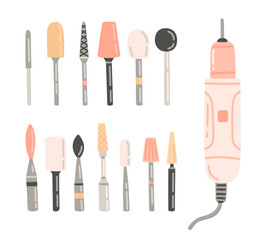 Professional manicure tools - nail drill bits, nail sander. Equipment for salon or home nail care and art. Set of design elements in flat style. Vector cartoon illustration