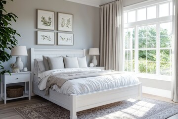 Simple white wooden bed frame in elegant modern farmhouse bedroom with light gray walls, large picture frames, rug, and natural volumetric lighting