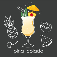 Pina Colada cocktail on a dark background. Summer tropical cocktail with a slice of pineapple. Vector illustration.